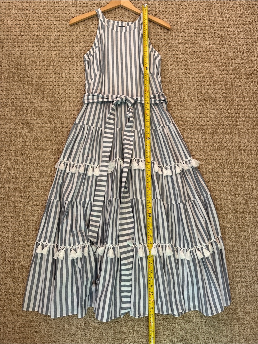Eliza J Tiered Maxi Dress with Tassle Trim in Gray and White Stripes - Picture 6 of 6